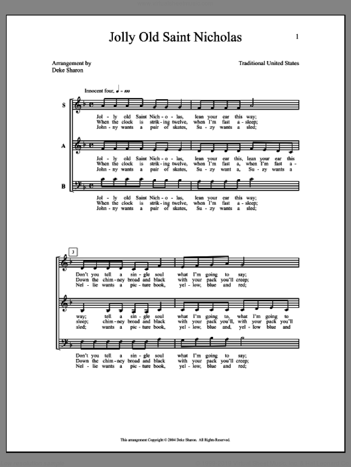 Jolly Old Saint Nicholas sheet music for choir (SAB: soprano, alto, bass) by Deke Sharon and Anne Raugh, intermediate skill level