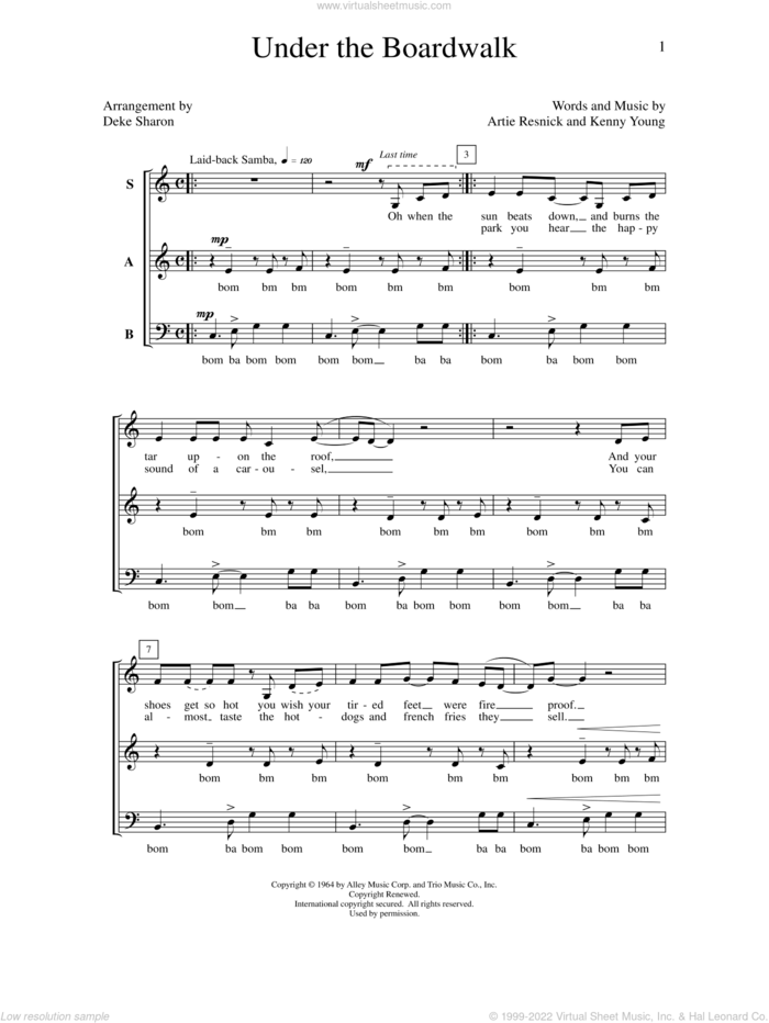 Under The Boardwalk sheet music for choir (SAB: soprano, alto, bass) by Deke Sharon, Anne Raugh, Artie Resnick and Kenny Young, intermediate skill level