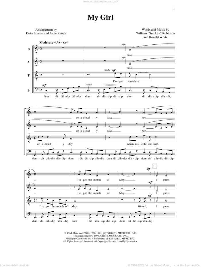 My Girl (arr. Deke Sharon) sheet music for choir (SATB: soprano, alto, tenor, bass) by Anne Raugh, Deke Sharon and Ronald White, intermediate skill level