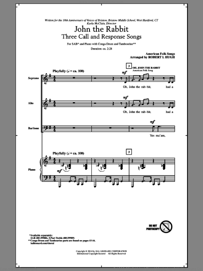 Oh, John The Rabbit sheet music for choir (SAB: soprano, alto, bass) by Robert Hugh and African-American Folksong, intermediate skill level