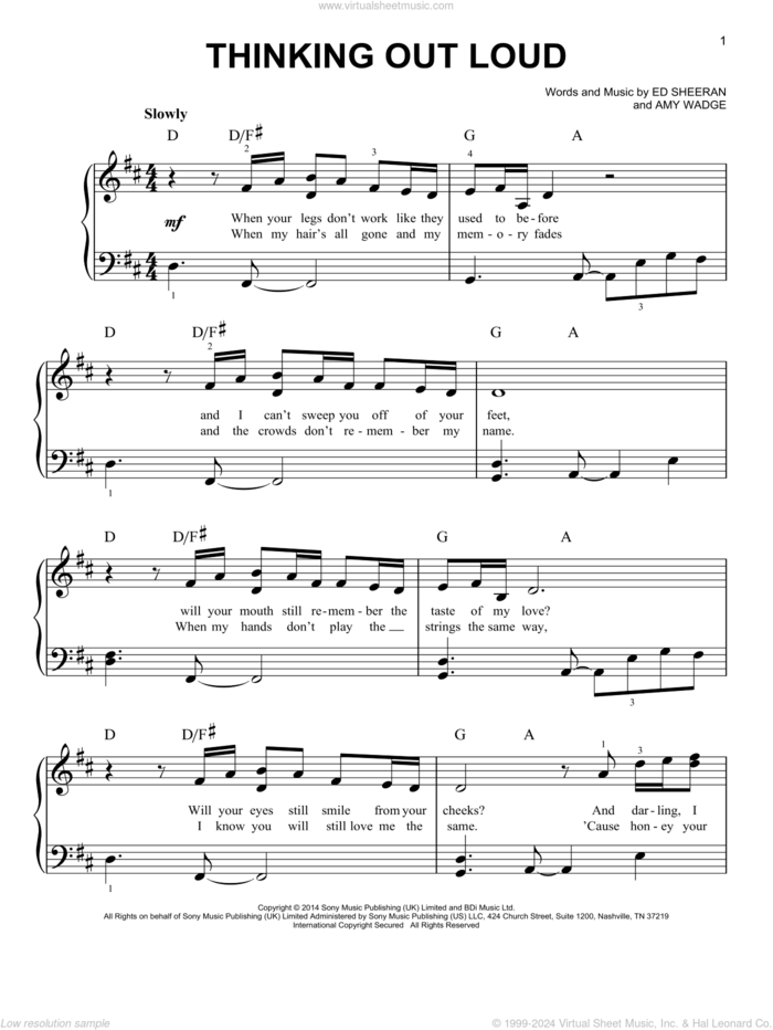 Thinking Out Loud, (easy) sheet music for piano solo by Ed Sheeran and Amy Wadge, wedding score, easy skill level