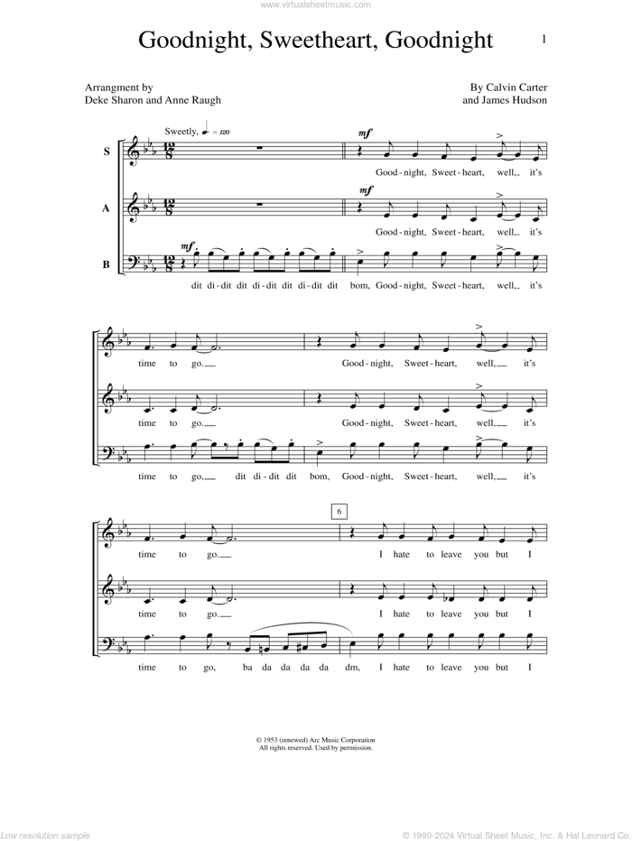 Goodnight, Sweetheart, Goodnight sheet music for choir (SAB: soprano, alto, bass) by Deke Sharon, Anne Raugh, Calvin Carter and James Hudson, intermediate skill level