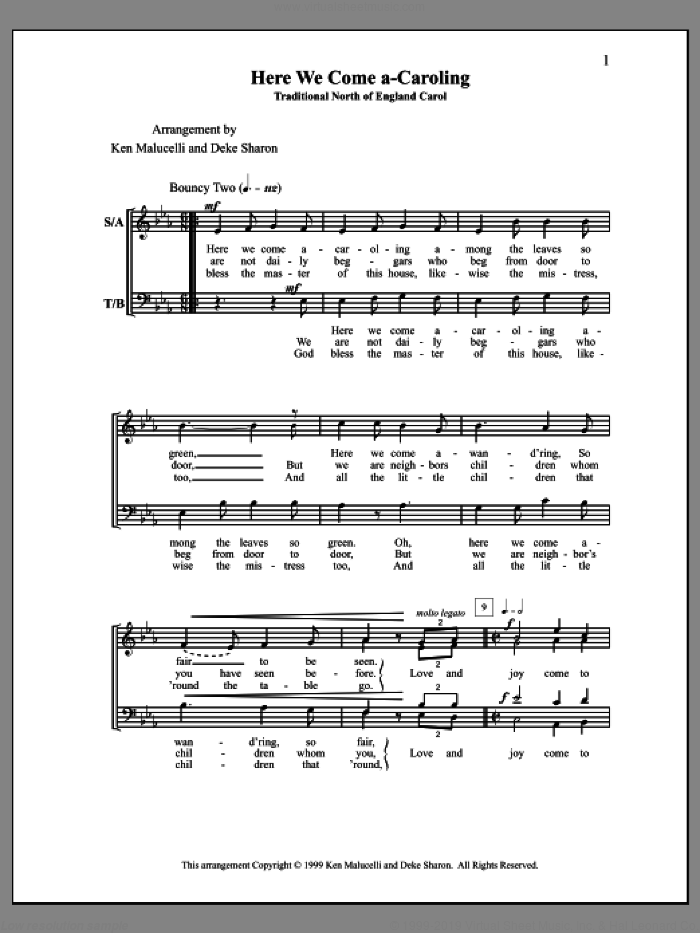 Here We Come A-Caroling sheet music for choir (SATB: soprano, alto, tenor, bass) by Deke Sharon, Anne Raugh, Ken Malucelli and Miscellaneous, intermediate skill level