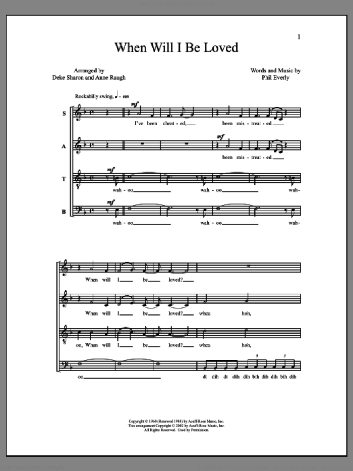 When Will I Be Loved sheet music for choir (SATB: soprano, alto, tenor, bass) by Deke Sharon, Anne Raugh and Phil Everly, intermediate skill level