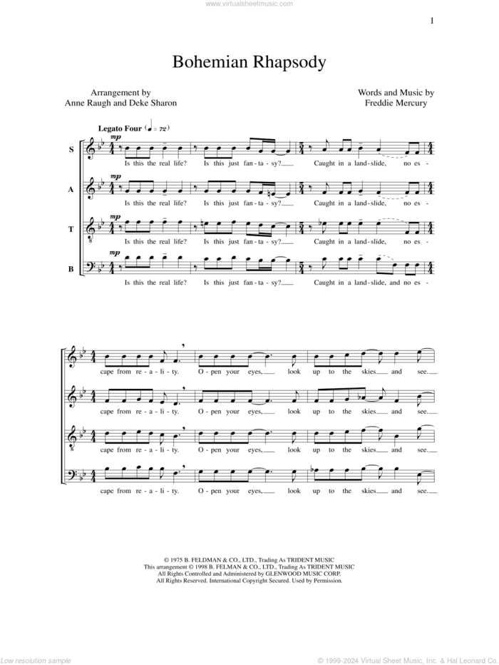 Bohemian Rhapsody (arr. Deke Sharon) sheet music for choir (SATB: soprano, alto, tenor, bass) by Deke Sharon, Anne Raugh, Freddie Mercury and Queen, intermediate skill level