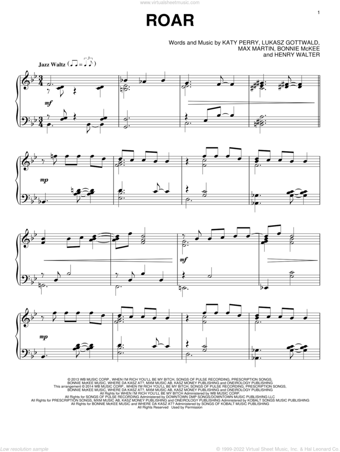 Roar, (intermediate) sheet music for piano solo by Katy Perry, Bonnie McKee, Henry Walter, Lukasz Gottwald and Max Martin, intermediate skill level