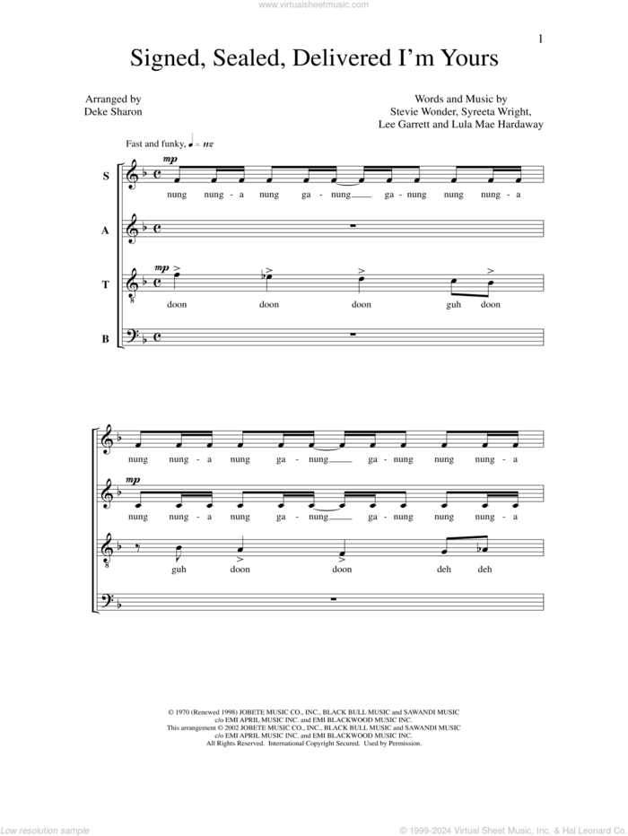 Signed, Sealed, Delivered I'm Yours sheet music for choir (SATB: soprano, alto, tenor, bass) by Deke Sharon, Anne Raugh, Lee Garrett, Lula Mae Hardaway, Stevie Wonder and Syreeta Wright, intermediate skill level