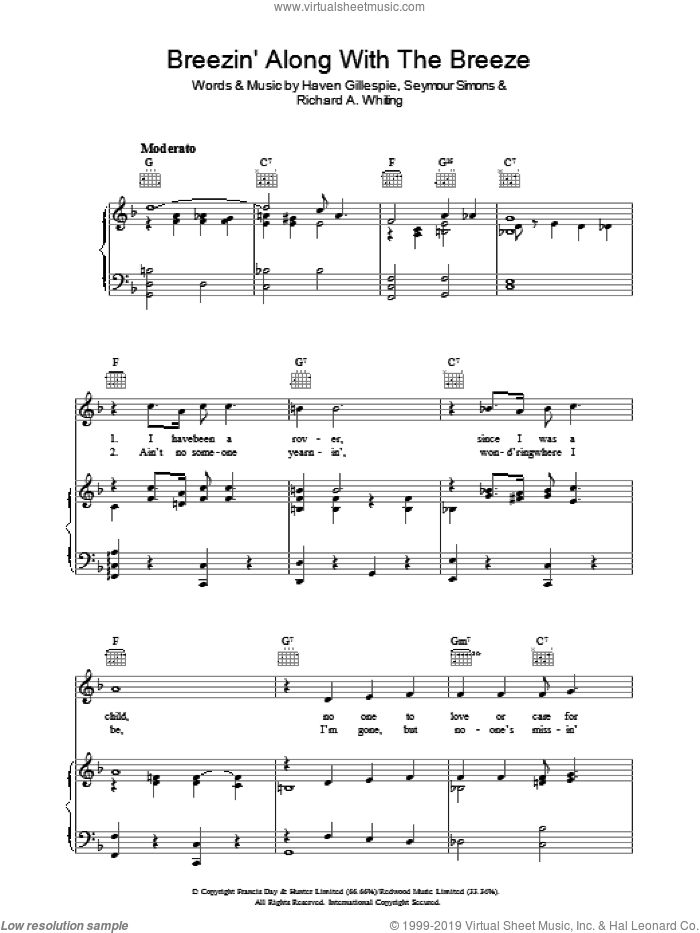 Breezin' Along With The Breeze sheet music for voice, piano or guitar by Richard A. Whiting, Haven Gillespie and Seymour Simons, intermediate skill level