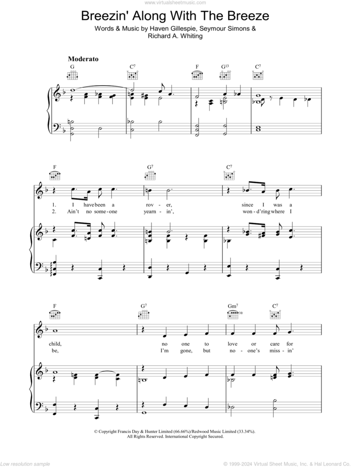 Breezin' Along With The Breeze sheet music for voice, piano or guitar by Richard A. Whiting, Haven Gillespie and Seymour Simons, intermediate skill level