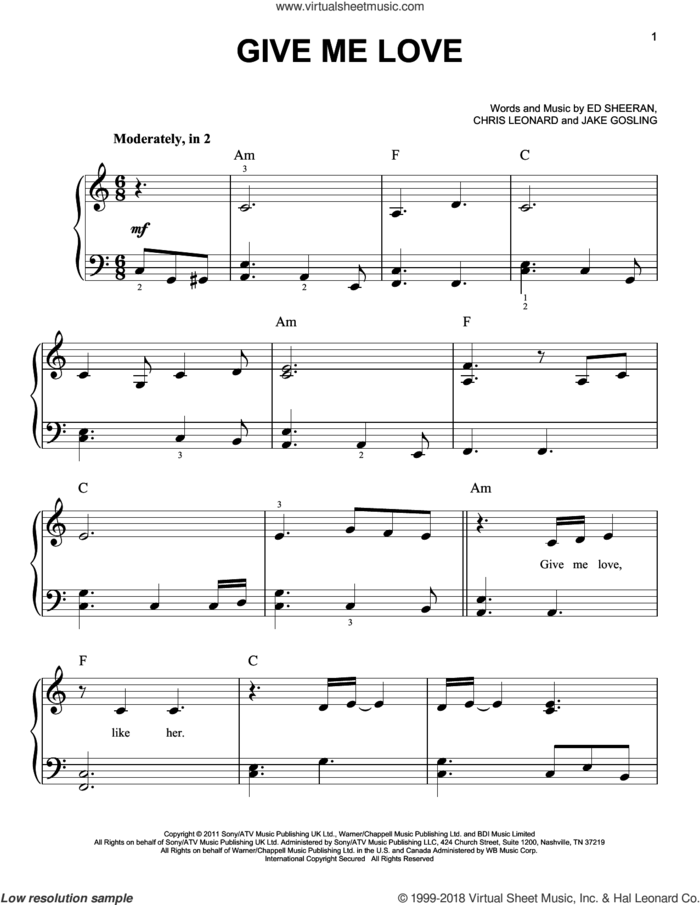 Give Me Love sheet music for piano solo by Ed Sheeran, Chris Leonard and Jake Gosling, easy skill level