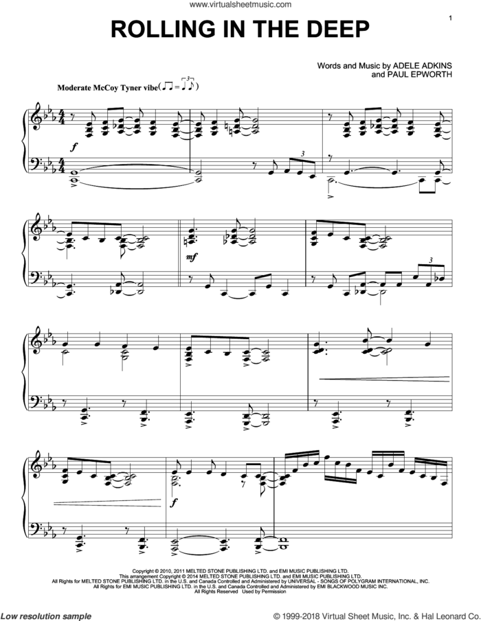 Rolling In The Deep, (intermediate) sheet music for piano solo by Adele, Adele Adkins and Paul Epworth, intermediate skill level