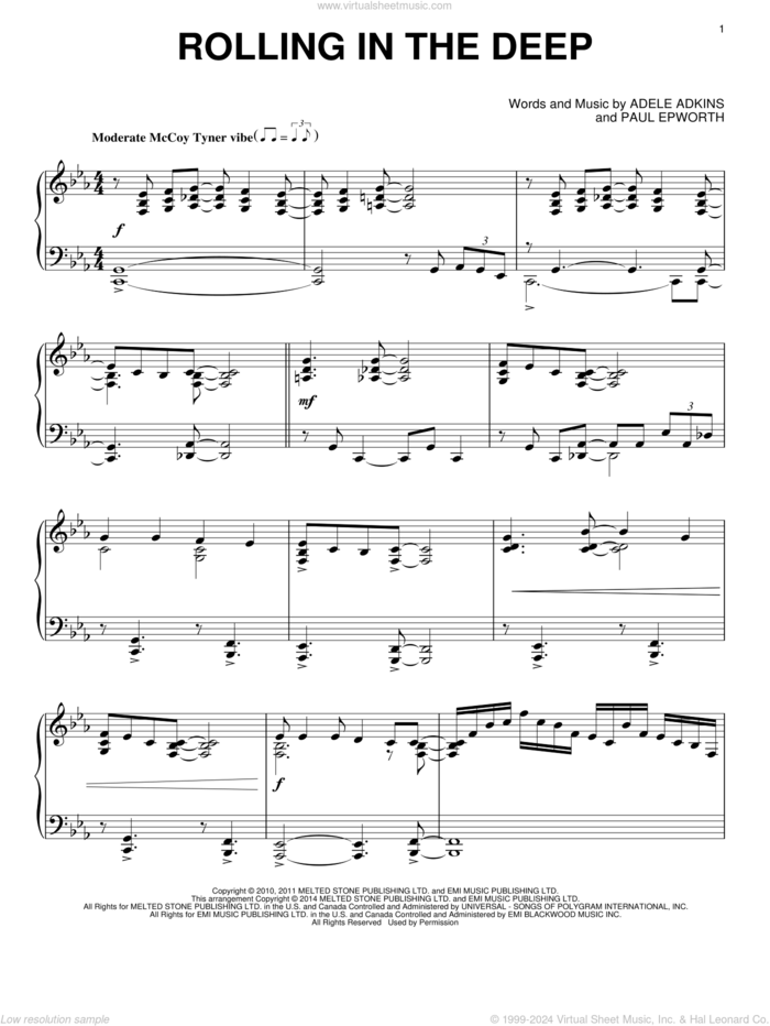 Rolling In The Deep, (intermediate) sheet music for piano solo by Adele, Adele Adkins and Paul Epworth, intermediate skill level