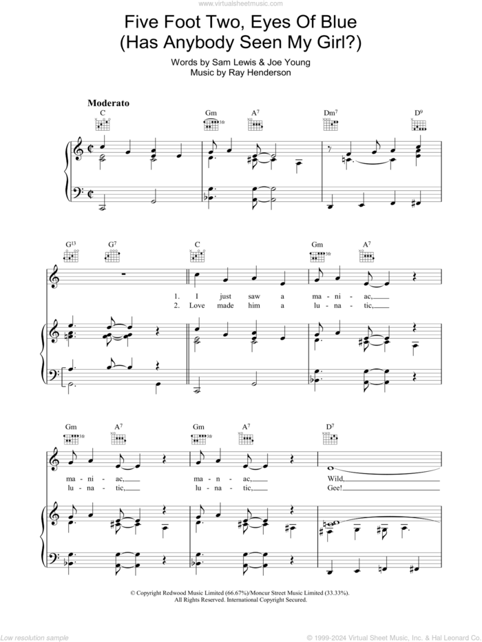 Five Foot Two, Eyes of Blue (Has Anybody Seen My Girl?) sheet music for voice, piano or guitar by Ray Henderson, Joe Young and Sam Lewis, intermediate skill level