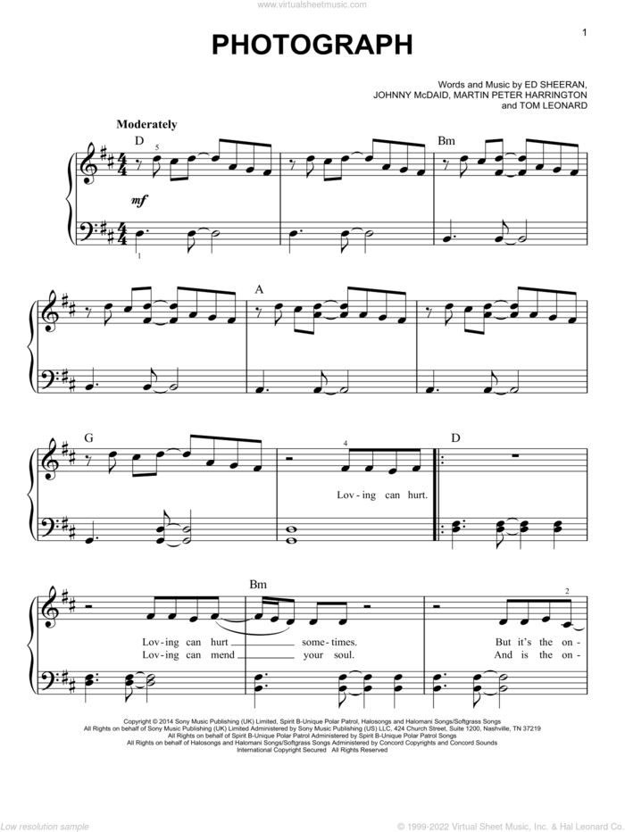 Photograph sheet music for piano solo by Ed Sheeran and John McDaid, easy skill level