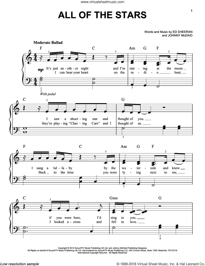 All Of The Stars sheet music for piano solo by Ed Sheeran and John McDaid, easy skill level