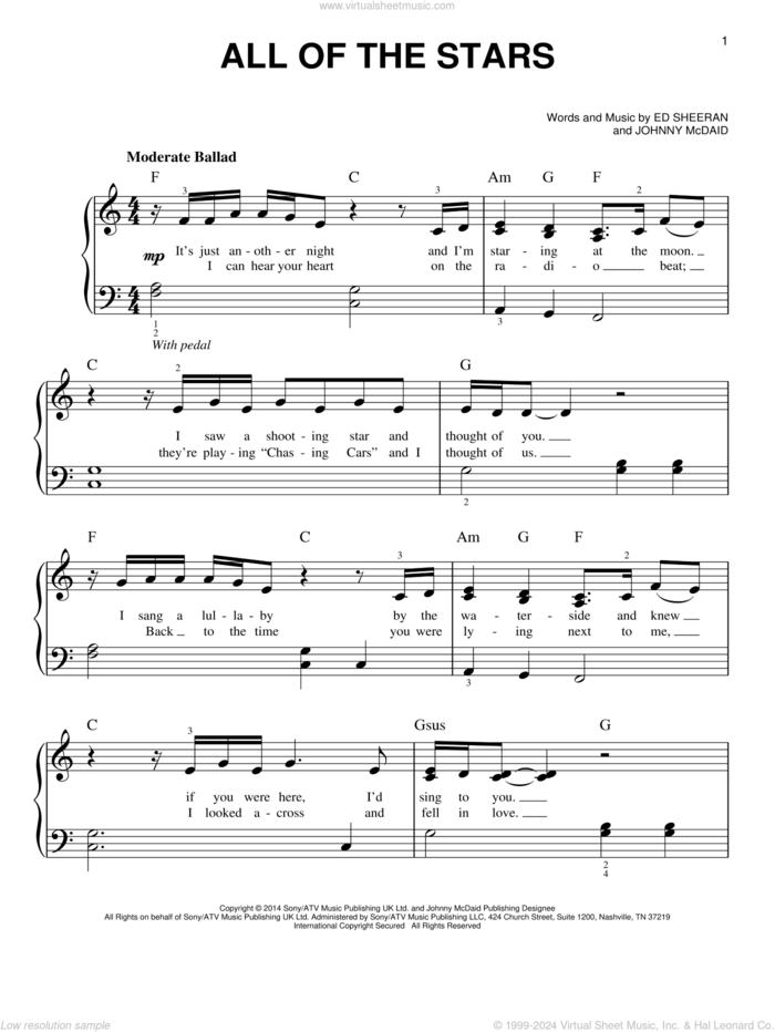 All Of The Stars, (easy) sheet music for piano solo by Ed Sheeran and John McDaid, easy skill level