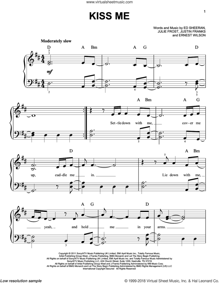 Kiss Me sheet music for piano solo by Ed Sheeran, Ernest Wilson, Julie Frost and Justin Franks, easy skill level