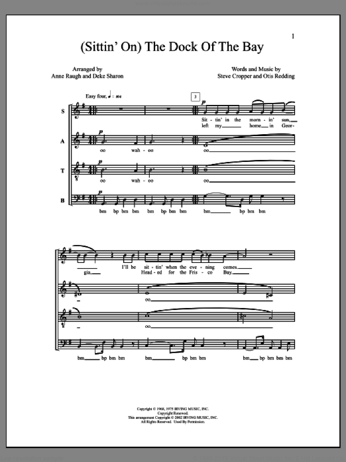 (Sittin' On) The Dock of the Bay sheet music for choir (SATB: soprano, alto, tenor, bass) by Deke Sharon, Anne Raugh, Otis Redding and Steve Cropper, intermediate skill level