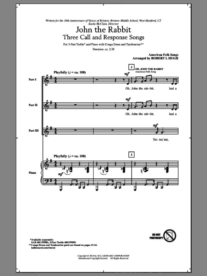 Oh, John The Rabbit sheet music for choir (3-Part Treble) by Robert Hugh and African-American Folksong, intermediate skill level
