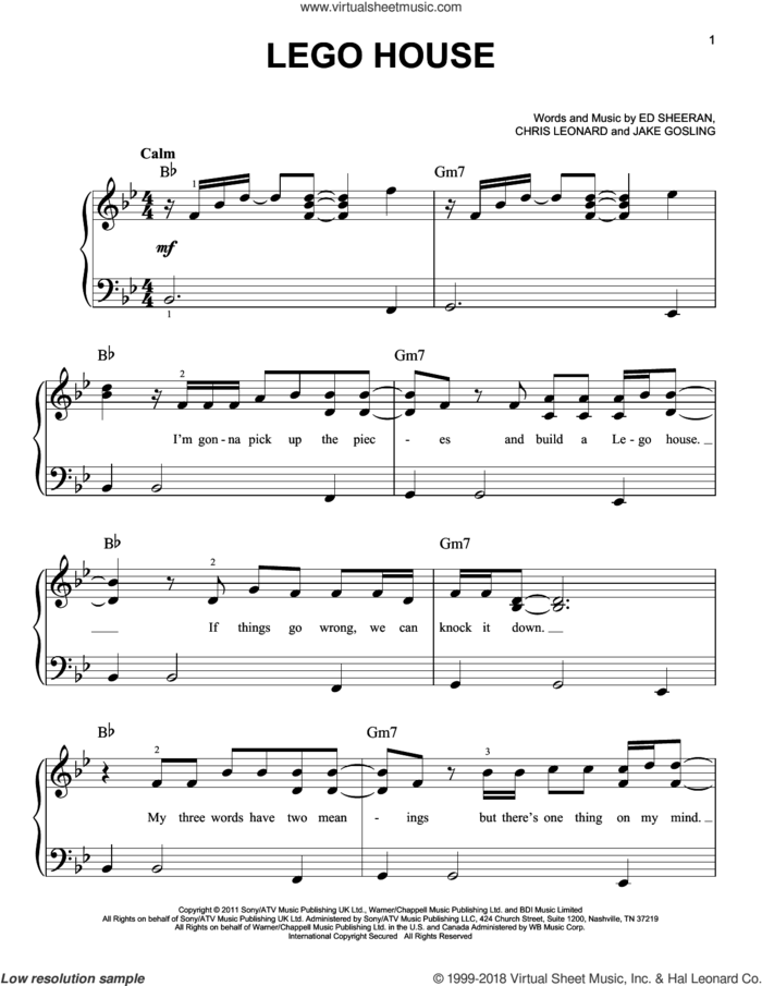 Lego House sheet music for piano solo by Ed Sheeran, Chris Leonard and Jake Gosling, easy skill level