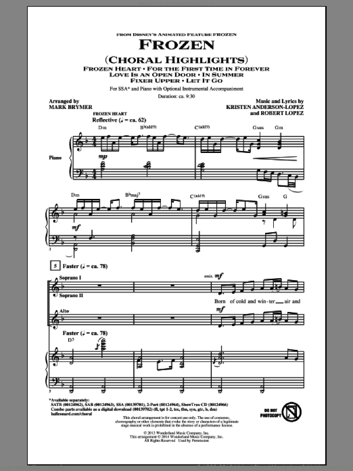 Frozen (Choral Highlights) (arr. Mark Brymer) sheet music for choir (SSA: soprano, alto) by Robert Lopez, Mark Brymer and Kristen Anderson-Lopez, intermediate skill level
