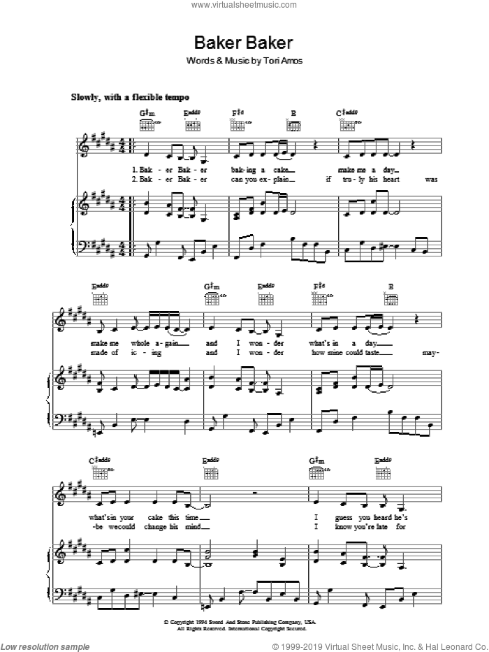 Baker Baker sheet music for voice, piano or guitar by Tori Amos, intermediate skill level