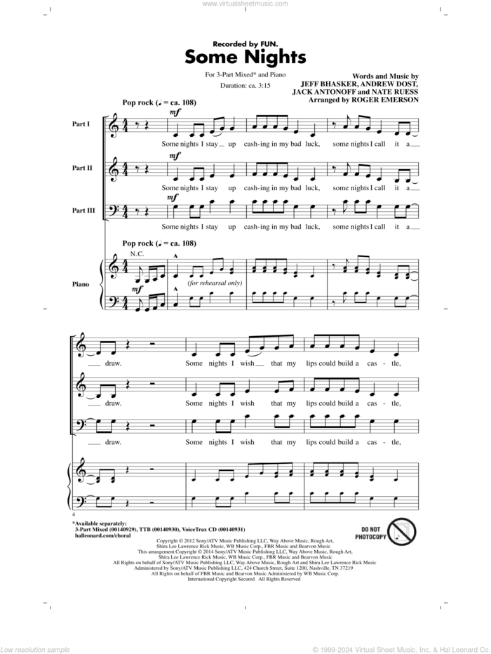 Some Nights (arr. Roger Emerson) sheet music for choir (3-Part Mixed) by Jeff Bhasker, Roger Emerson, Fun, Andrew Dost, Jack Antonoff and Nate Ruess, intermediate skill level