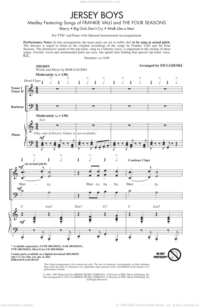 Jersey Boys Medley sheet music for choir (TTB: tenor, bass) by Bob Crewe, Ed Lojeski, Frankie Valli & The Four Seasons, The Four Seasons and Bob Gaudio, intermediate skill level