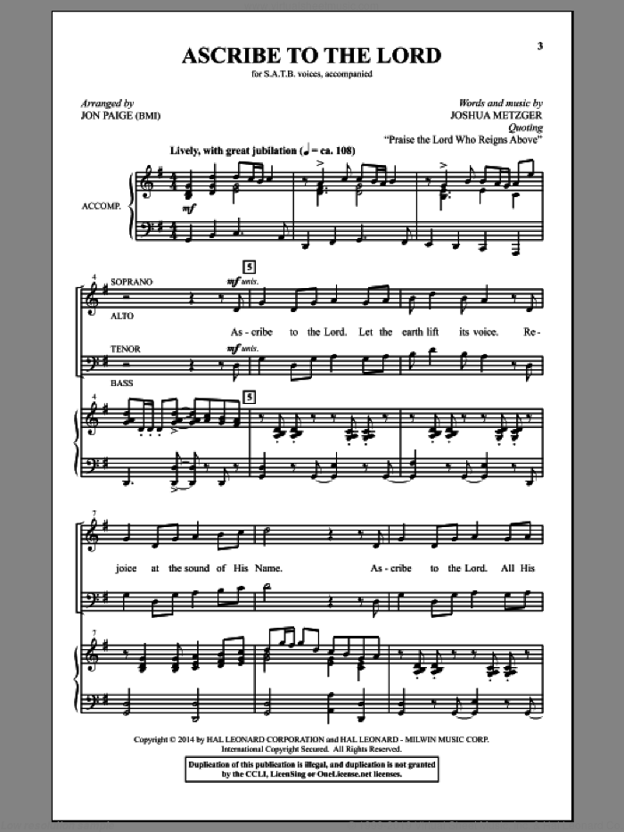 Ascribe To The Lord sheet music for choir (SATB: soprano, alto, tenor, bass) by Joshua Metzger and Jon Paige, intermediate skill level