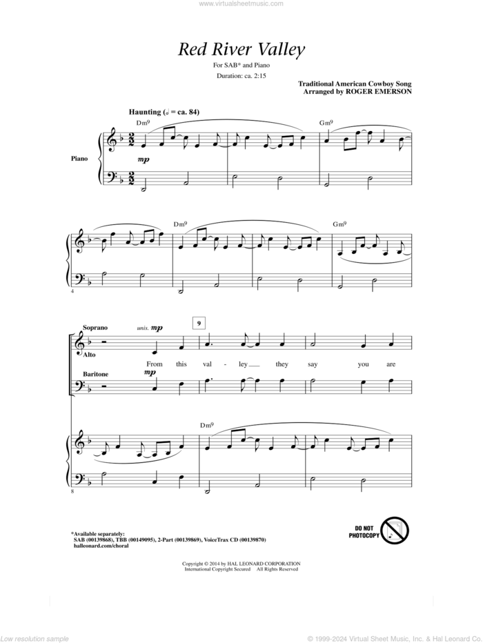 The Red River Valley sheet music for choir (SAB: soprano, alto, bass) by Traditional American Cowboy So and Roger Emerson, intermediate skill level
