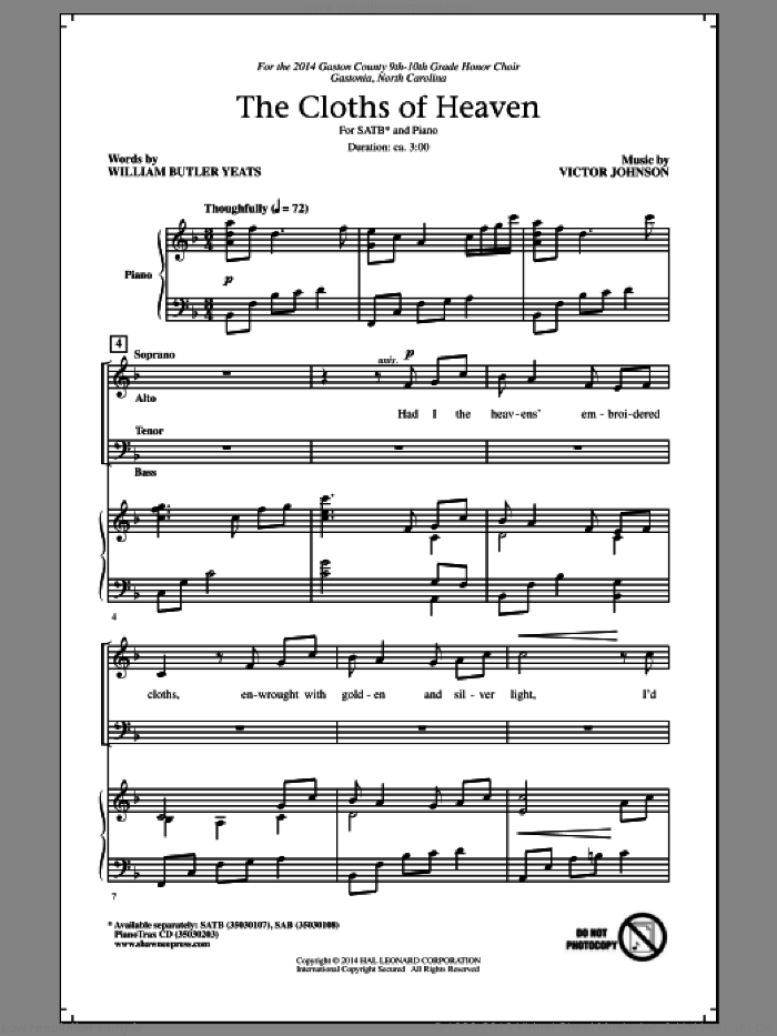 The Cloths Of Heaven sheet music for choir (SATB: soprano, alto, tenor, bass) by Victor Johnson and William Butler Yeats, intermediate skill level
