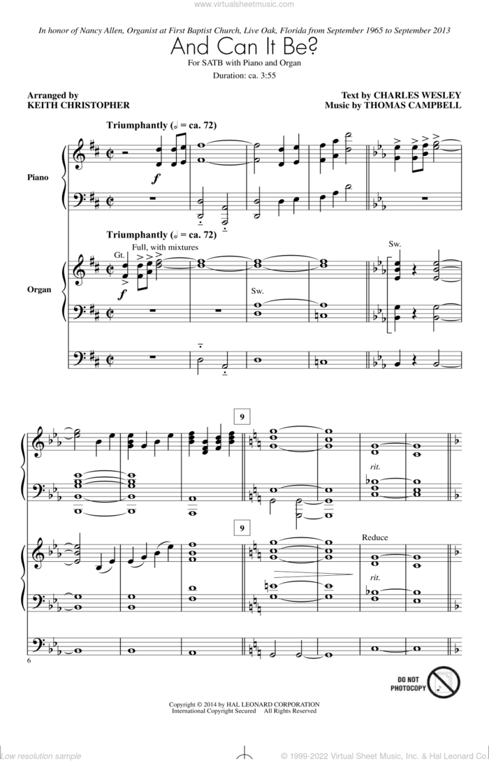 And Can It Be? sheet music for choir (SATB: soprano, alto, tenor, bass) by Charles Wesley, Keith Christopher and Thomas Campbell, intermediate skill level