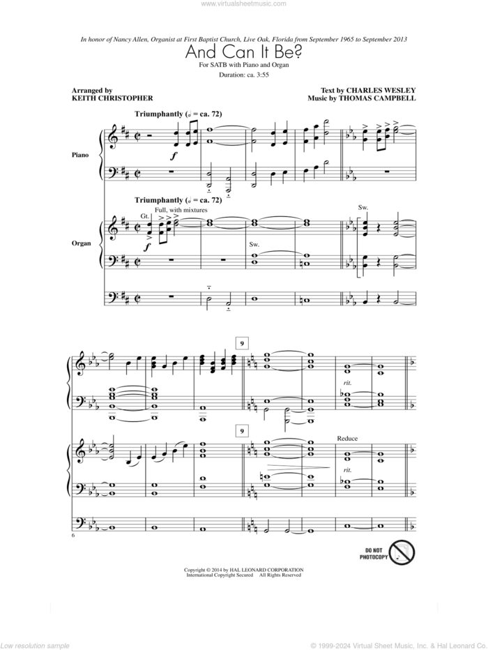 And Can It Be? sheet music for choir (SATB: soprano, alto, tenor, bass) by Charles Wesley, Keith Christopher and Thomas Campbell, intermediate skill level