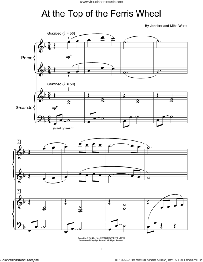 At The Top Of The Ferris Wheel sheet music for piano four hands by Jennifer Watts and Mike Watts, intermediate skill level