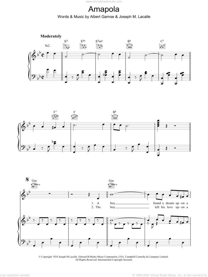 Amapola (Pretty Little Poppy) sheet music for voice, piano or guitar by Joseph M. Lacalle, Albert Gamse and Luis Roldan, intermediate skill level
