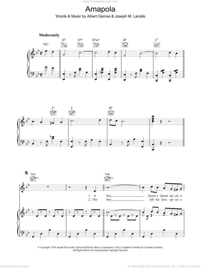 Amapola (Pretty Little Poppy) sheet music for voice, piano or guitar by Joseph M. Lacalle, Albert Gamse and Luis Roldan, intermediate skill level