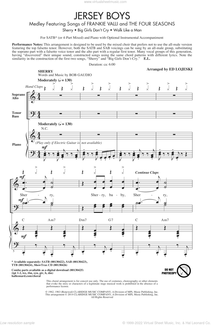 Jersey Boys Medley sheet music for choir (SATB: soprano, alto, tenor, bass) by Bob Crewe, Ed Lojeski, Frankie Valli & The Four Seasons, The Four Seasons and Bob Gaudio, intermediate skill level