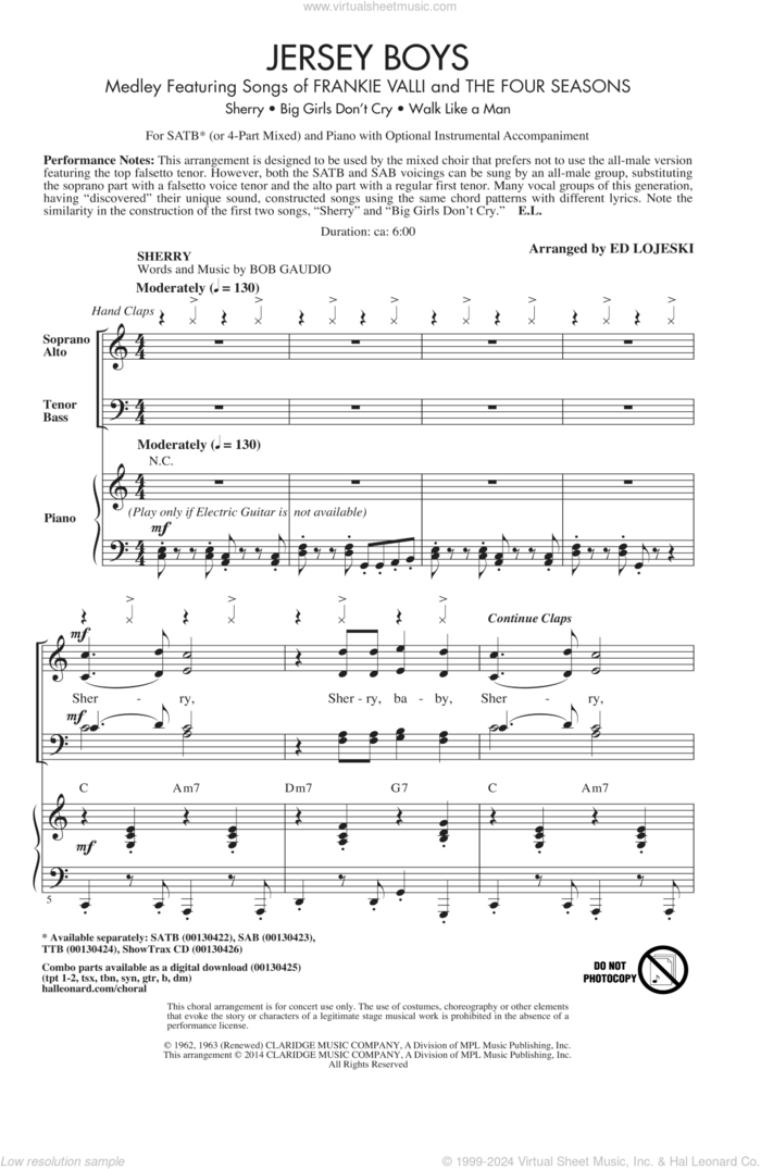 Jersey Boys Medley sheet music for choir (SATB: soprano, alto, tenor, bass) by Bob Crewe, Ed Lojeski, Frankie Valli & The Four Seasons, The Four Seasons and Bob Gaudio, intermediate skill level