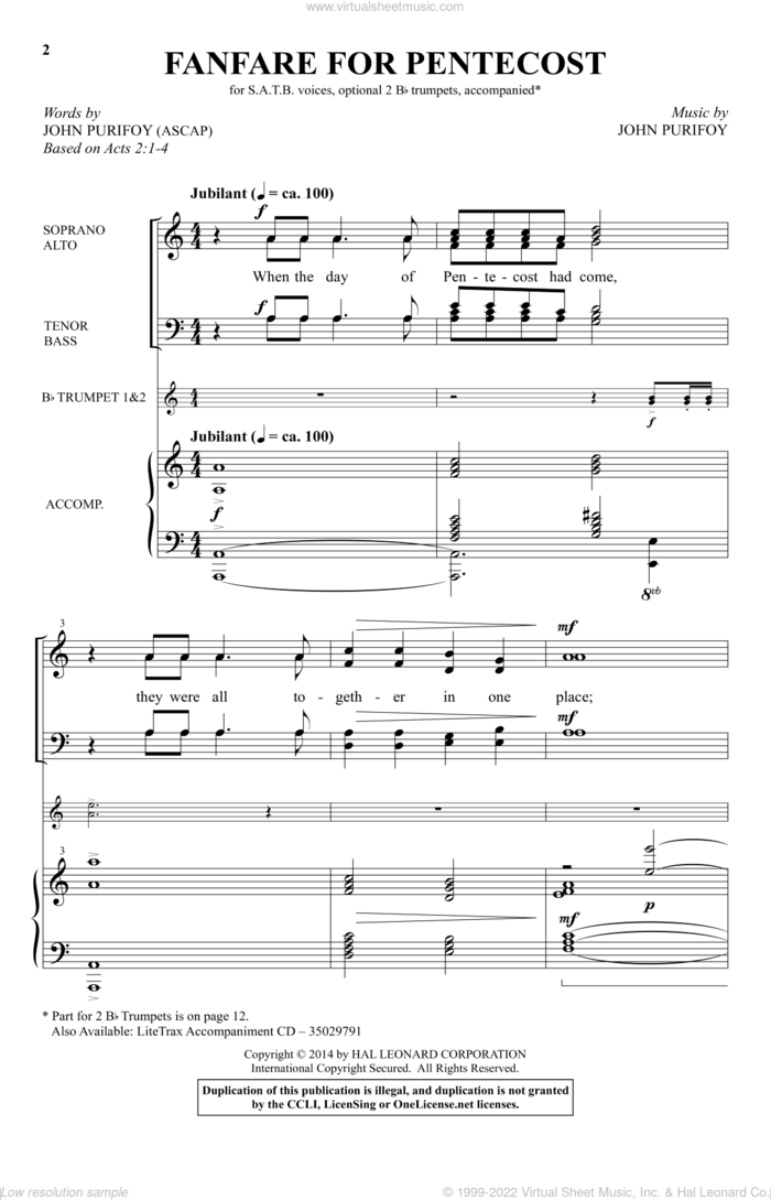 Fanfare For Pentecost sheet music for choir (SATB: soprano, alto, tenor, bass) by John Purifoy, intermediate skill level