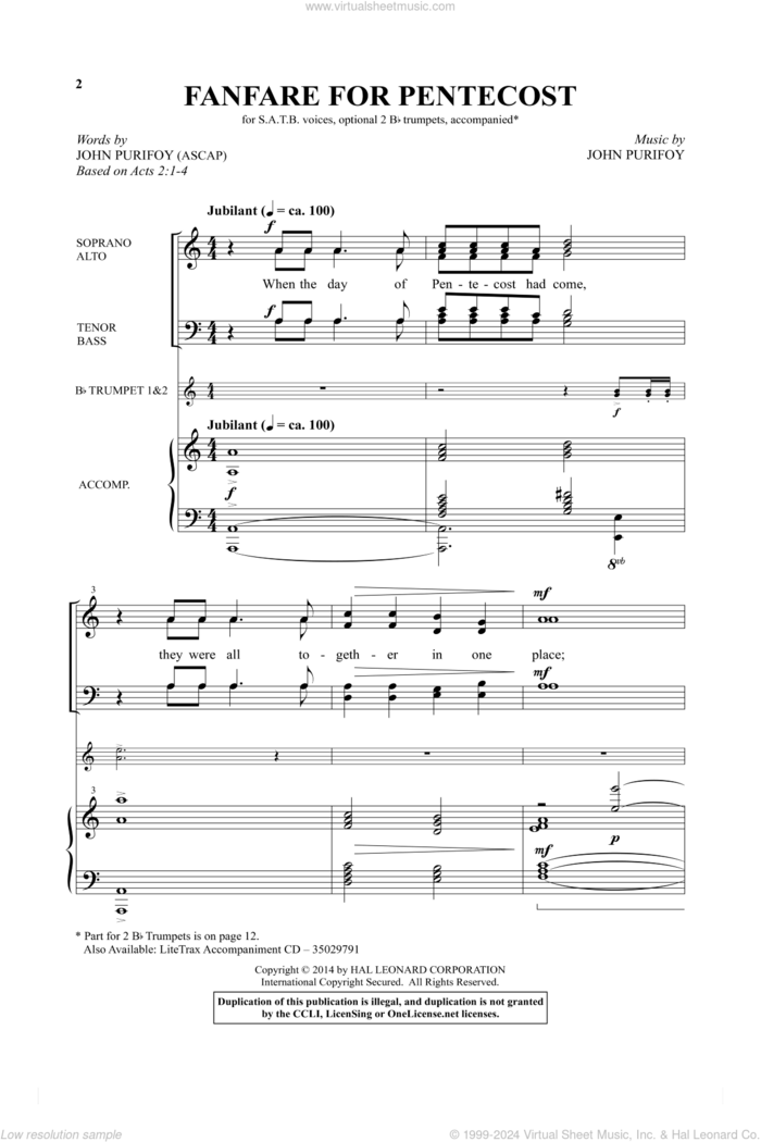 Fanfare For Pentecost sheet music for choir (SATB: soprano, alto, tenor, bass) by John Purifoy, intermediate skill level