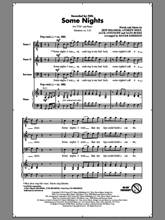 Some Nights sheet music for choir (TTBB: tenor, bass) by Jeff Bhasker, Roger Emerson, Fun, Andrew Dost, Jack Antonoff and Nate Ruess, intermediate skill level