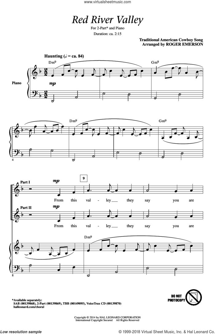 The Red River Valley (arr. Roger Emerson) sheet music for choir (2-Part) by Traditional American Cowboy So, Roger Emerson and Miscellaneous, intermediate duet