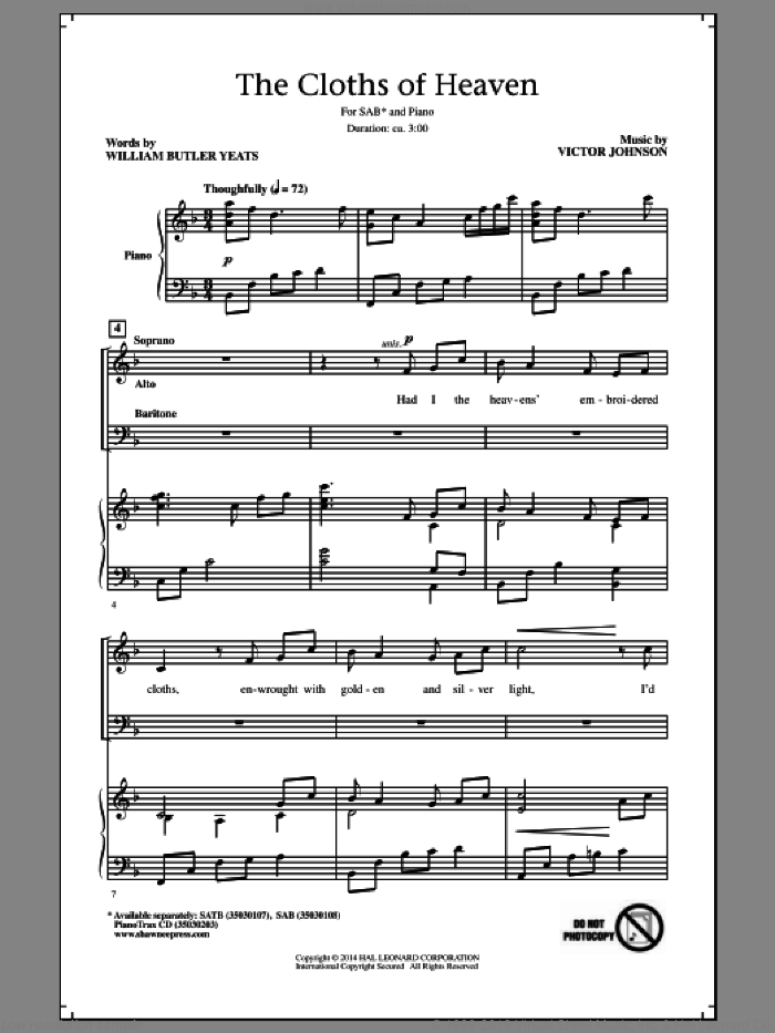 The Cloths Of Heaven sheet music for choir (3-Part Mixed) by Victor Johnson and William Butler Yeats, intermediate skill level