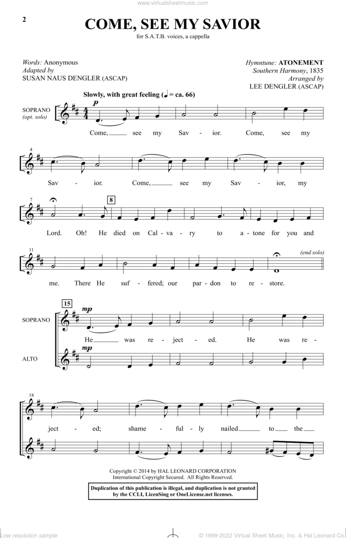 Come, See My Savior sheet music for choir (SATB: soprano, alto, tenor, bass) by Lee Dengler, Southern Harmony, Anonymous and Susan Naus Dengler, intermediate skill level