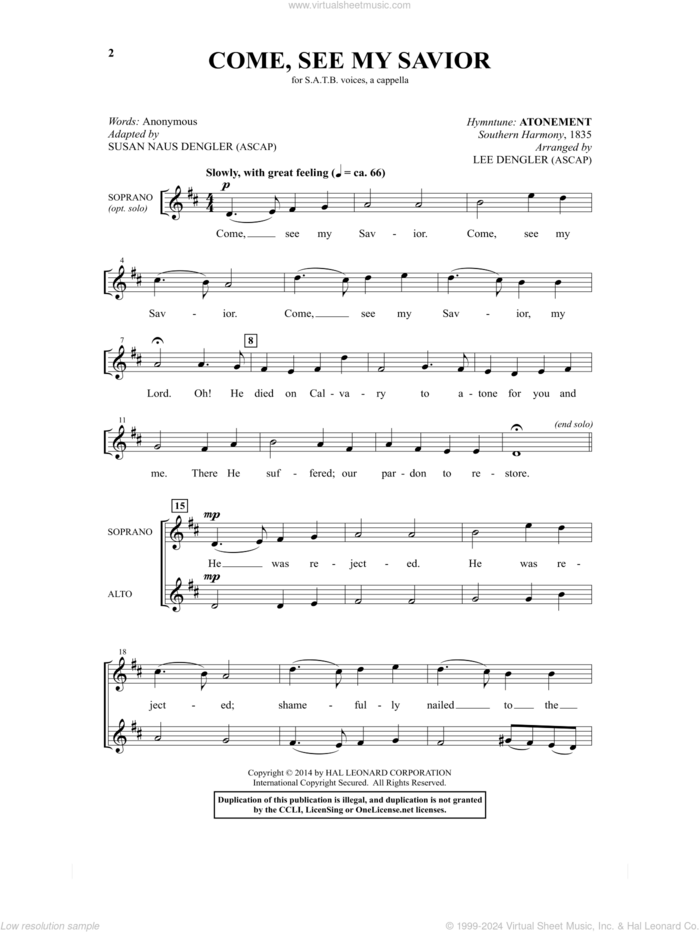 Come, See My Savior sheet music for choir (SATB: soprano, alto, tenor, bass) by Lee Dengler, Southern Harmony, Anonymous and Susan Naus Dengler, intermediate skill level