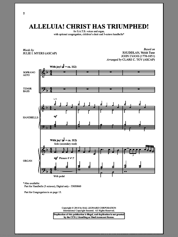 Alleluia! Christ Has Triumphed! sheet music for choir by Julie I. Myers, John Evans, Clare C. Toy and Hymntune, intermediate skill level