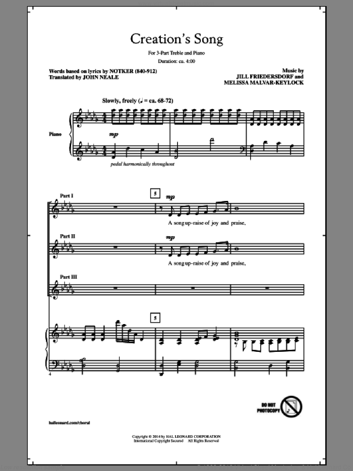 Creation's Song sheet music for choir (3-Part Treble) by Melissa Malvar-Keylock and Jill Friedersdorf, intermediate skill level