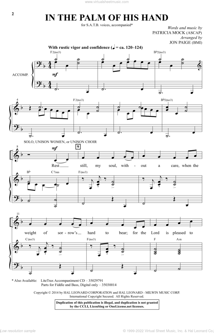 In The Palm Of His Hand sheet music for choir (SATB: soprano, alto, tenor, bass) by Patricia Mock and Jon Paige, intermediate skill level