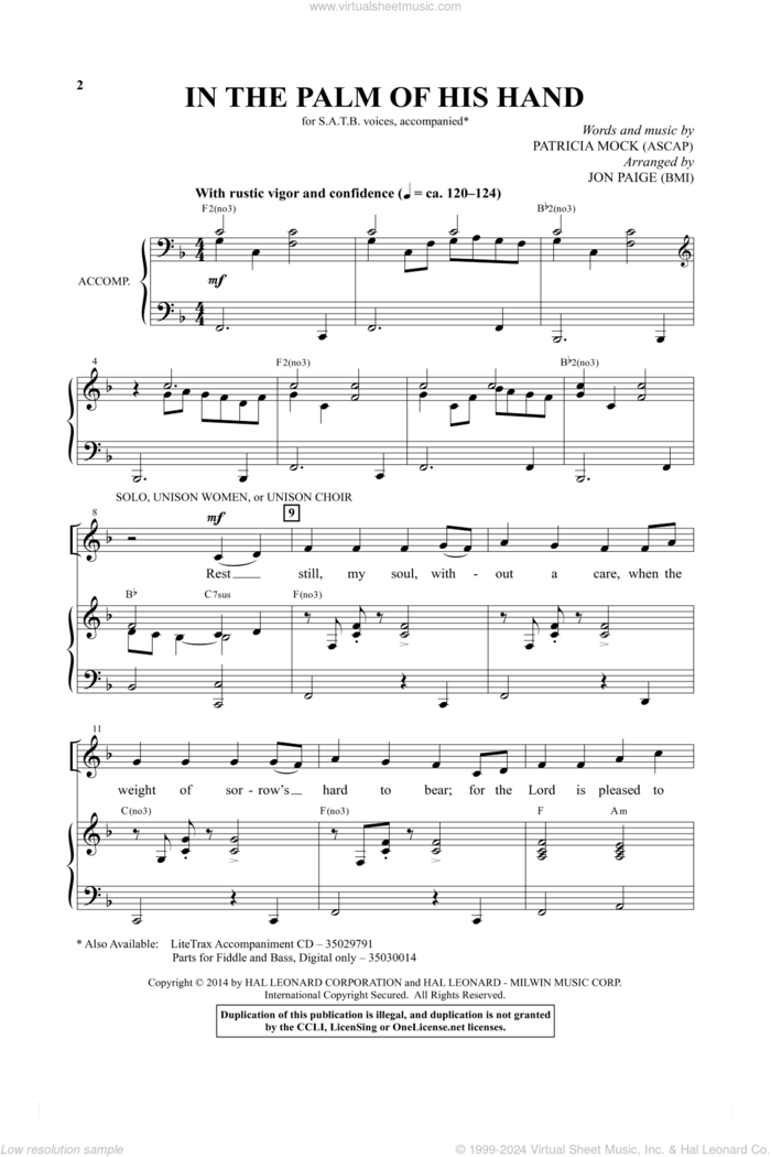 In The Palm Of His Hand sheet music for choir (SATB: soprano, alto, tenor, bass) by Patricia Mock and Jon Paige, intermediate skill level