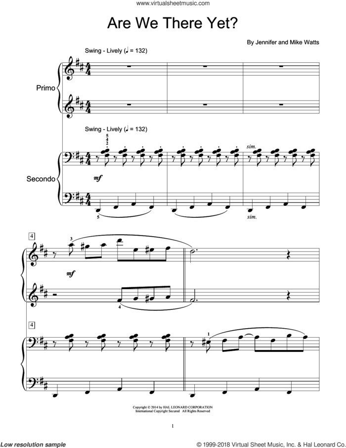 Are We There Yet? sheet music for piano four hands by Jennifer Watts and Mike Watts, intermediate skill level